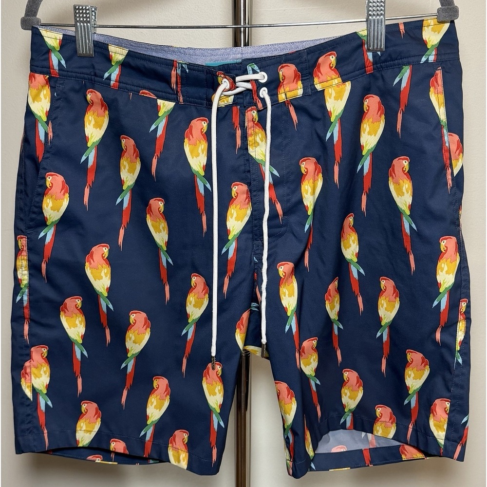 Bonobos Men's 40 Navy Parrot Print Swim Trunks Drawstring Mesh Lined Pockets